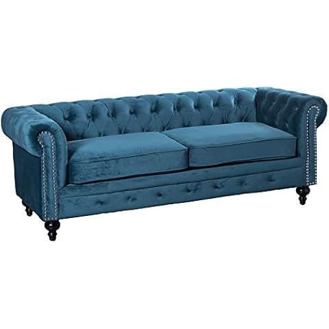 DRW Sofá chéster de 3 plazas en Terciopelo Azul Cover