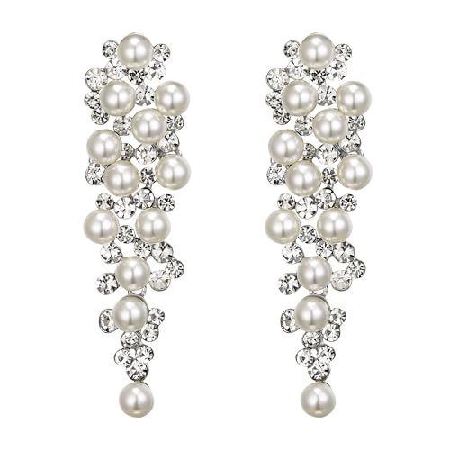 BriLove Wedding Bridal Simulated Pearl Earrings for Women Crystal Chandelier Multi Beaded Cluster Dangle Jewelry Ivory Color Silver-Tone