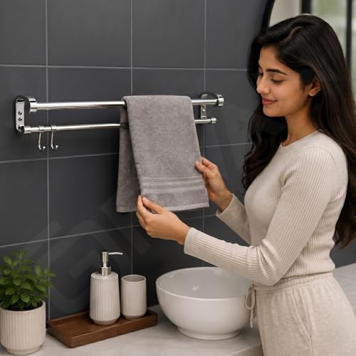 Image of GRIVAN Stainless Steel Wall Mounted 2-Tier Dual Towel Rod with Hooks | Modern Towel Holder in Bathroom for Clothes - Towel Stand (Silver Chrome, 24 inch)
