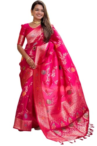 Image of Florely Women's Kanchipuram silk sarees Handloom Pure Golden Zari Saree For Women | Traditional Festive Wedding Party Saree | Ethnic Saree With Blouse Piece