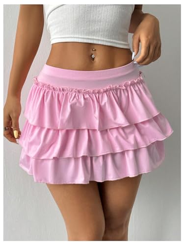 Women's Bow Back Mini Skirt Elastic Low Waist Layered Ruffle Hem Short Cake Skirts2