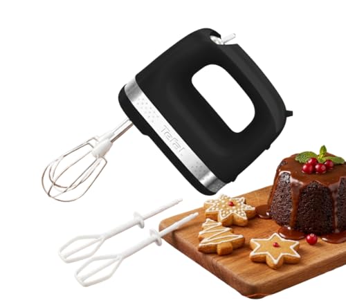 Tefal Black Collection Compact Electric Hand Mixer, 2 Speeds, 2 Stainless Steel whisks, 2 Emulsion Whisks, Baking, Cakes, Multifunction Kitchen Hand Mixer, Batter, 200W, Dishwasher Safe Parts HT2118G0