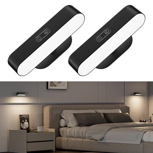 Hensam Applique Murale Noire Intérieure, Lampe Murale LED Sans Fil Rechargeable, Dimmable Lampe Chevet Murale Tactile, 5 Températures de Couleur, Rotatifs...