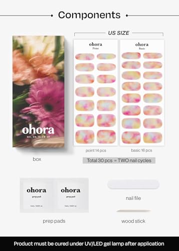 Image of ohora Semi Cured Gel Nail Strips (N Floral Fantasy) - Rainbow, Ombre, Works with Any UV /LED Lamps, Salon-Quality, Long Lasting, Easy to Apply & Remove - Includes 2 Prep Pads, Nail File & Wooden Stick
