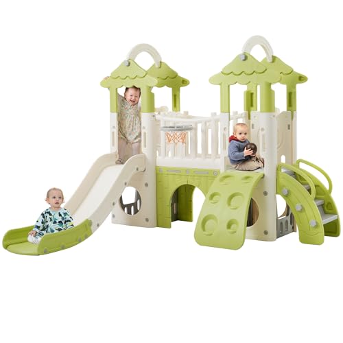 Image of Virubi 8-in-1 Jungle Slide, Indoor Outdoor Toddler Playset with Basketball Hoop, Telescope and Climbing Wall, Tree House Design Baby Slide Playset for Toddlers 1+
