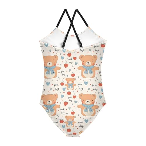 senya Girls Swimsuits One-Piece Swimwear Tie Bathing Suit Beach Summer Round Neck 7-8T Little Bear Apple Pattern2