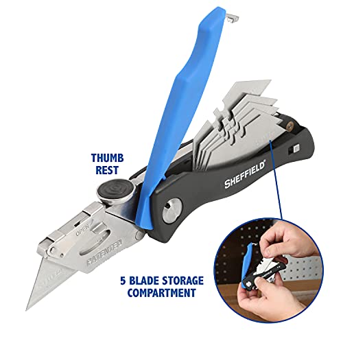 Sheffield 12119 Utility Knife, Quick Change Utility Knife Blades, Lock Back Release, Lightweight ABS Handle, Box Cutter with 6 Blades