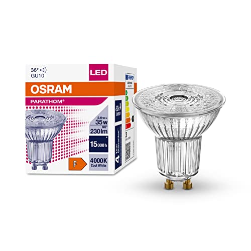 Osram LED Reflector Bulbs with GU10 Socket, Energy Saving, Long Life 15,000 H, Beam Angle 36°, Cool White, PAR16 35 36° 2.6W/4000K GU10