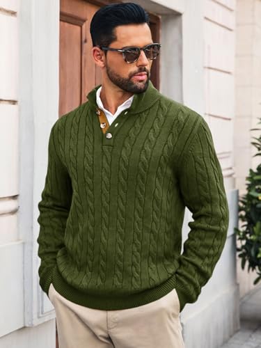Runcati Mens Cable Knitted Pullover Sweater Casual Stand Collar Winter Warm Quarter Button Sweaters2