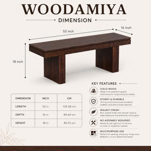 Image of Strong & Durable Solid Wood Bench for Home, Office & Waiting Area | Multipurpose Bench with Comfortable Seating | Up to 320 kg Seating Capacity | Walnut Finish | 52x16x18 Inch | Easy DIY