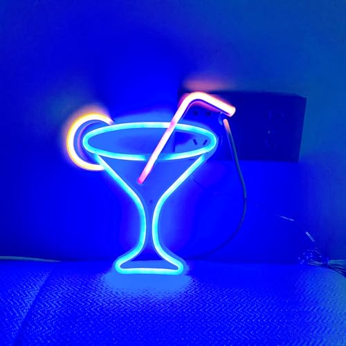 Image of Neon Cocktails Sign, LED Wine Glass Light - Dual Powered Bar Neon Night Lamp for Wall Decor, Club, Restaurant, Shop