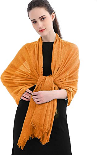 Image of Longwu Cotton Linen Solid Scarf Wrap Shawls for Women Ladies Men(100cmx190cm) Super Large Size-For All Seasons-Great Christmas Presents-Yellow