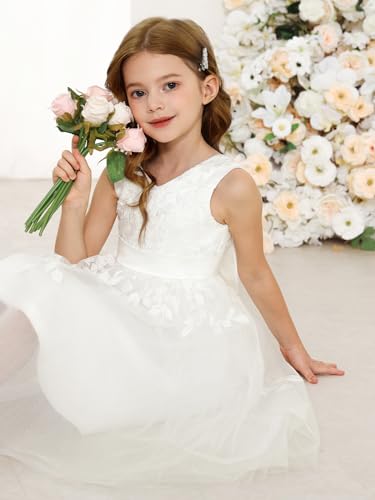 MCieloLuna Girl's Short First Communion Dress Flora Lace Flower Girls Dresses for Wedding V-Neck Toddler Mini Gown2
