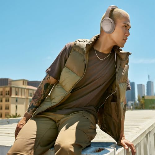 Image of Bose QuietComfort Headphones - Wireless Bluetooth Headphones, Active Over Ear Noise Cancelling and Mic, Deep Bass Bundle + Desktop Headphone Stand + Green Extreme Dual Wall Charger (Sandstone)