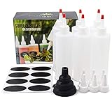 Squeeze Bottle 8 Oz - Set of 6 - With Red Caps, Silicone Funnel, Chalk Labels, 6 Extra White Caps, E-book. Leakproof, BPA Free & Refillable Squirt Plastic Bottles For Condiments, Mustard, Ketchup