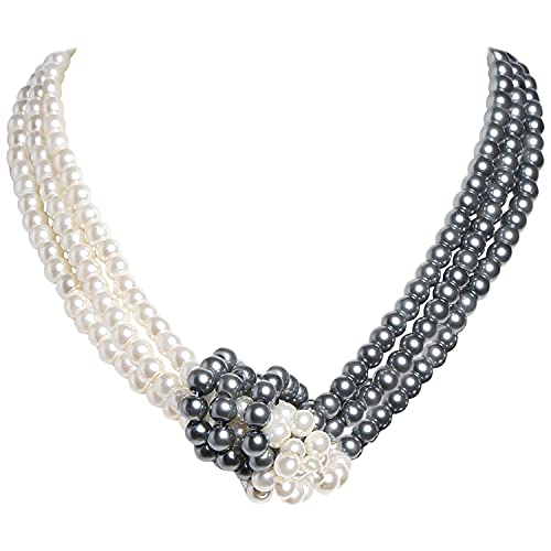 Coucoland 1920S Imitation Pearls Necklace 20S Gatsby Knot Pearl Necklace 1920S Flapper Pearls Accessories Two-Tone Stitching Style (Gray And White) #TOP29
