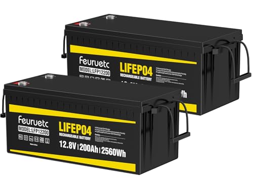 Image of 12V 200Ah LifePO4 Battery - 2 Pack Iron Phosphate 15000+ Cycle Lithium Battery with 200A BMS, Solar Energy Storage Batteries for RV, Marine, and Off-Grid Power - Long Lasting, Rechargeable