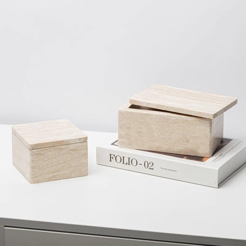 Natural Marble Storage Containers (Round, Square, Rectangle) Cotton Swab Holder, Organizers with Lids,Travertine Stone Box for Qtips, Makeup, Bathroom Essentials & Home Storage (rectangular box)