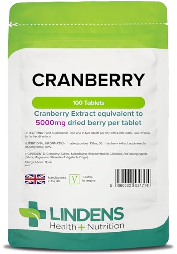Lindens - Cranberry Juice 5000mg - 100 Tablets - UK Made - Rich in Polyphenols and Antioxidants - Urinary Health Support, Popular with Women - Letterbox Friendly