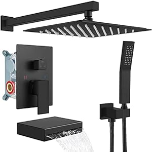 gotonovo Matte Black Rain Mixer Shower Faucet Set Waterfall Tub Spout with 12 inch Square Rainfall Shower Head and Handheld Spray Wall Mounted Rough-in Valve and Trim Included