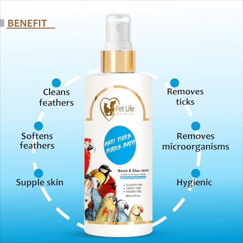 PETLIFE Organic & Ayurvedic Anti Ticks Birds Bath Dry/Waterless/Spray for Poultry birds, Parrots, chick, Hen, Pigeon, duck -Natural ingredients for fleas, Cleaner & Shinier Coat-All Bird Types-200 Ml