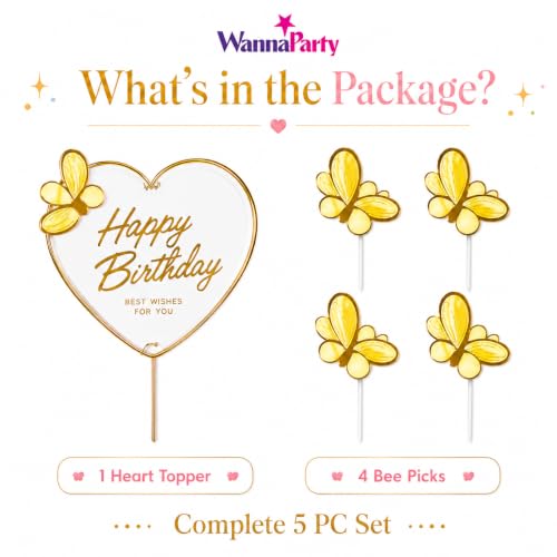 Image of Wanna Party Gold Butterfly Happy Birthday Cake Topper Set, Heart Birthday Cake Decoration with Golden Butterfly Picks for Birthday Party, Cake Decor, Dessert Table & Celebration Supplies