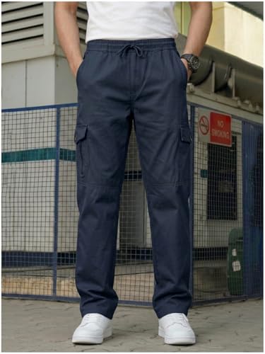 Image of Men's Cargo Pants-100% Premium Cotton Tapered Fit Lightweight Breathable Multi-Pocket Drawstring Utility Casual Trousers