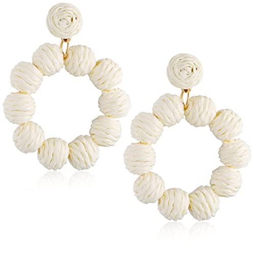 Statement Raffia Earrings for Women Girls Boho Rattan Ball Hoop Dangle Earrings Handmade Bohemia Braid Straw Wicker Raffia Wrapped Drop Earrings Summer Beach Earrings Jewelry