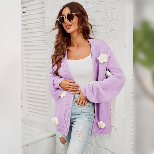 Image of Women's Knit Floral Applique Open Front Cropped Cardigan Sweater Lantern Sleeve