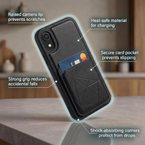 Image of amazon basics Premium Vegan Leather Back Cover with Card Holder and Integrated Mobile Stand for iPhone XR - Slim Shockproof Wallet Case with Geometric Stitching [Black]