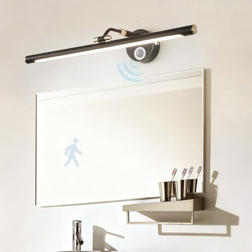 Aplique LED de pared con sensor de movimiento espejo baño negro luz blanca 43cm