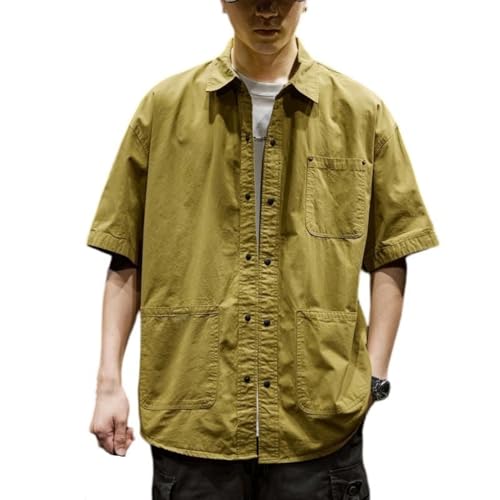 Chemise de travail manches courtes en coton ample à col pointu