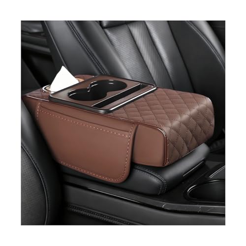 Image of Car Armrest Cushion, 5-in-1 Nappa Leather Vehicle Centre Console Cover with 2 Storage Pockets, Cup Phone & Phone Holder, Multifunctional Auto Organiser Accessories, Universal Fit (Coffee)