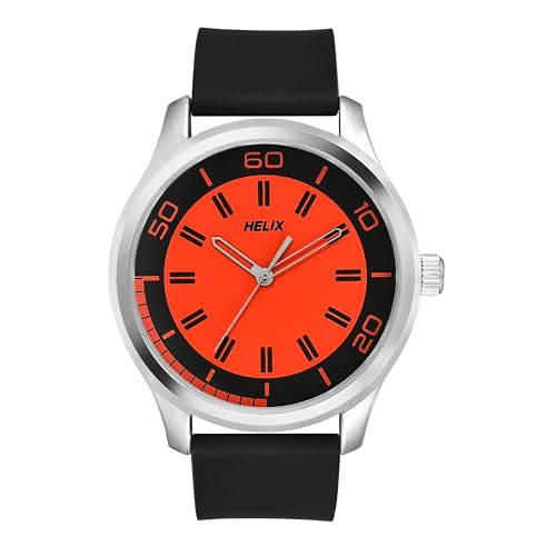 Image of Helix by Timex Analog Watch for Man with Orange Round Dial & Black Silicone Strap Band Water Resistant Men's Wrist Watches - TW043HG20