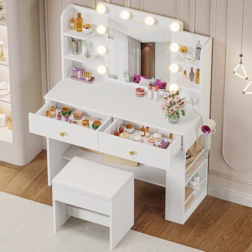 IRONCK Vanity Desk with Mirror, Compact Makeup Vanity Table with 2 Large Drawers, Shelves, Power...