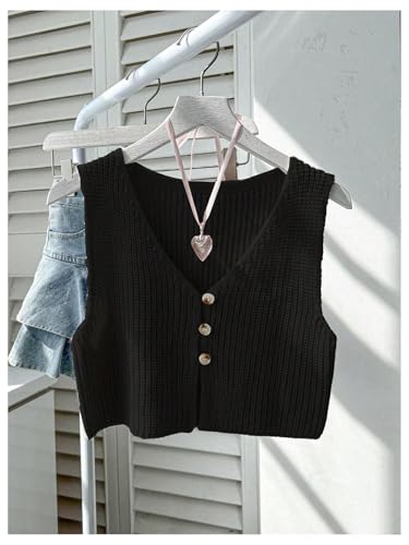 Image of SweatyRocks Women's Button Front Sweater Vest Split V Neck Sleeveless Crop Knit Tops