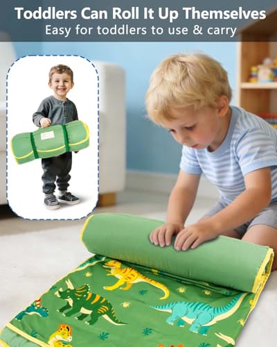 Image of Primlect Toddler Nap Mat, Portable Rolled Sleeping Mat | 51 inchx31 All-in-One Sleeping Bag with Removable Pillow and Soft Blanket, Machine Washable, for Daycare Travel, for Boys Girls