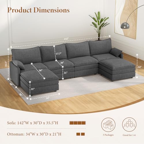 Image of Vesgantti 142 inch U Shaped Sectional Couch, Comfy Cloud Modular Sectional Sofa with 2 Ottoman Deep Seat Chenille Modern Cloud Sofa, Modular Sofas for Living Room, Bedroom and Apartment, Gray