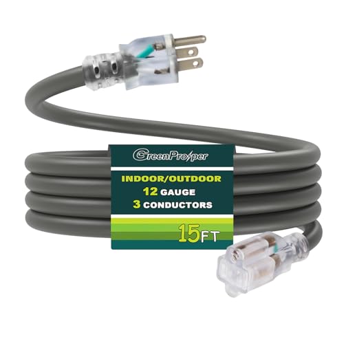 GreenProsper 15 FT Grey Extension Cord with Lighted End 12 AWG 3 Prong Indoor Outdoor Heavy Duty Waterproof Power Cable for Major Appliance 12/3 SJTW UL Listed