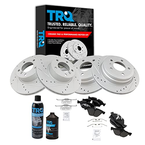 TRQ Front & Rear Brake Pad & Rotor Kit Performance Ceramic Premium G-Coated Slotted X Drilled Compatible with 2007-2013 BMW 328i 2009-2013 328i xDrive 2007-2008 328xi 2013-2015 X1