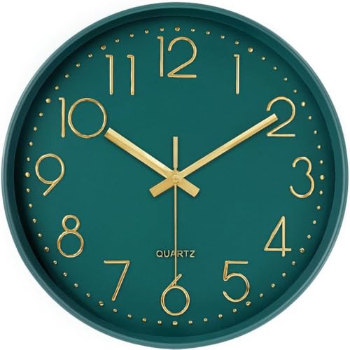 Image of STAR WORK Premium Wall Clock 10 inch Inch Silent Non-Ticking Quartz Movement | Easy to Read 3D Numbers | Modern Analog Clock for Home Decor, Living Room, Bedroom, Office (Green Gold, 10-Inch (25Cm)
