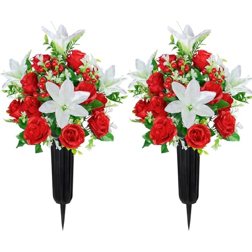 Velibobo Juego de 2 flores artificiales para tumbas, 18 cabezas de flores conmemorativas, ramos de rosas funerarias con jarrones para decoración de tumbas al aire libre