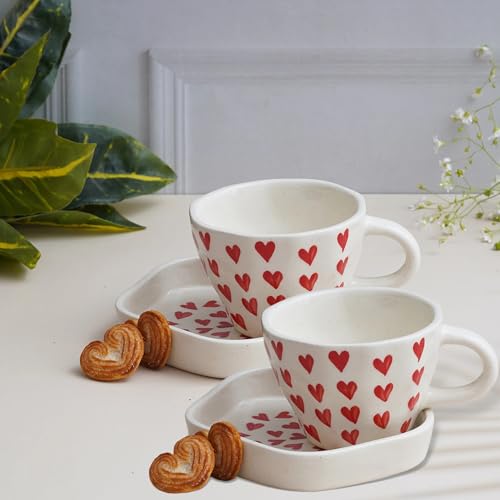 Image of Ceramic Cup and Saucer Set of 2 | Designer Coffee Tea Cups with Matching Saucers | Heart Print Ceramic Mugs for Hot Beverages | Stylish Stoneware Multi-Purpose Cup Saucer | White