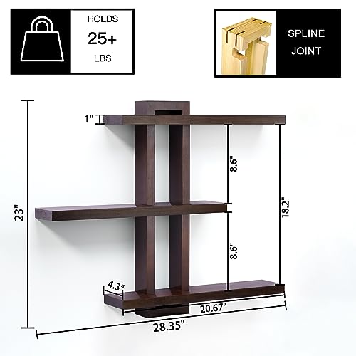 Image of yaqew Variable Floating Shelves Wood Set of 3, Bathroom Shelves 28.35 inch Max, Rustic Wall Shelves for Living Room Bedroom Farmhouse - Dark Walnut Color - 28.35 inch x 23 inch x 4.3 inch Max