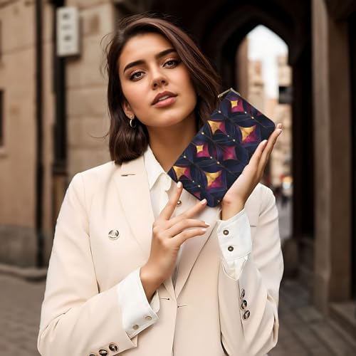 Leather Thin Slim Wallets for Women & Men - Purple and Gold Pattern Print Card Wallet Holder with Zipper 6