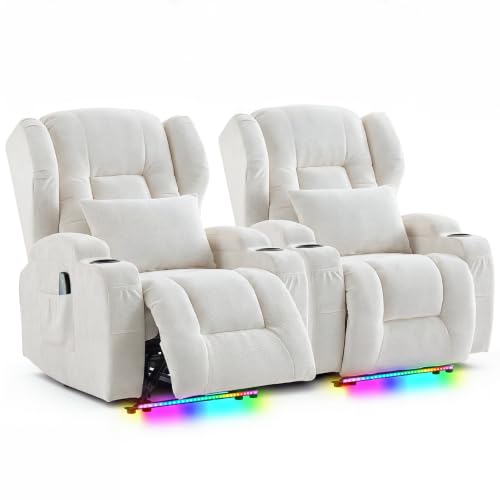 Image of Wall Hugger Power Recliner Chair Set of 2, Overstuffed Home Theater Seating w /Heat Massage Electric Movie Gaming Sofa Reclining Sleeper Chair with LED Light /Lumbar Pillow /Cup Holders
