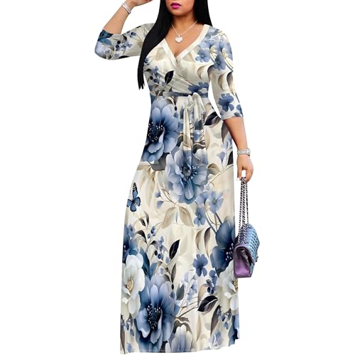 Image of Women Plus Size Long Sleeve V Neck Maxi Dress with Belt | Soft fabric relaxed fit three quarter sleeve v neck with pockets for party and daily wear