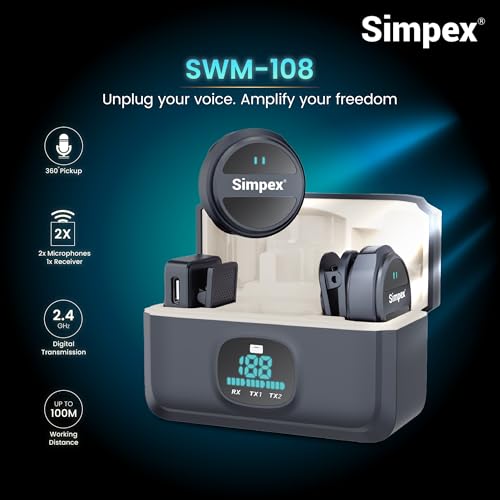 Image of Simpex SWM 108 Dual Wireless Collar Label Microphone with ENC Noise Cancellation & Charging Case, Type C & 8 Pin Receiver,Wireless Microphone for iPhone, Android, Vlog, Streaming.