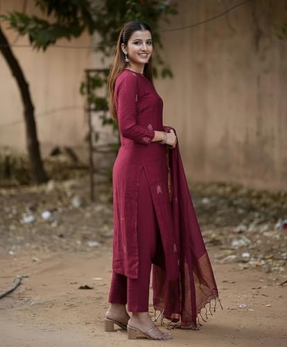 Image of Anni Designer Pure Cotton Maroon Kurta Pant Set with Dupatta for Women | 3 Piece Gold Hand Block Printed Suit Set | Cotton Kurta Set for Women | Festive Kurti Set