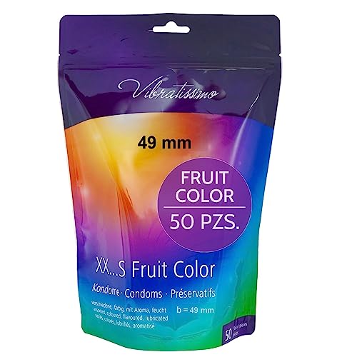 VIBRATISSIMO Condones Fruit Color paquete de 50 I sensitivos y extra húmedos I condoms for men I bolsa de condones recerrable I condones multicolor I condones extrafinos I b=49mm